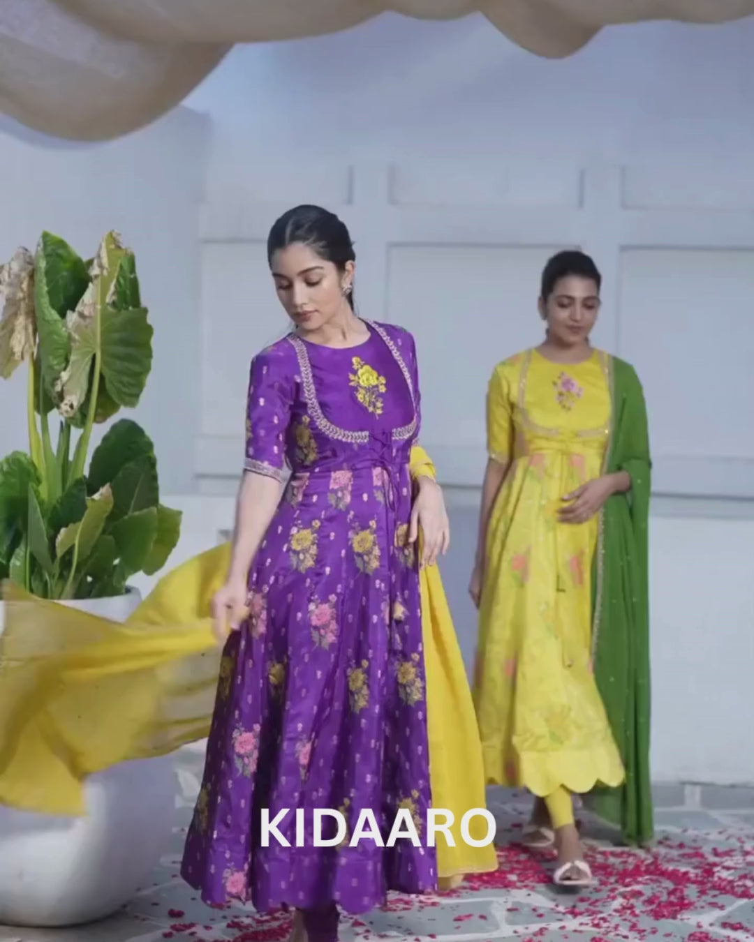purple Floral Anarkali with Mustard Yellow Dupatta